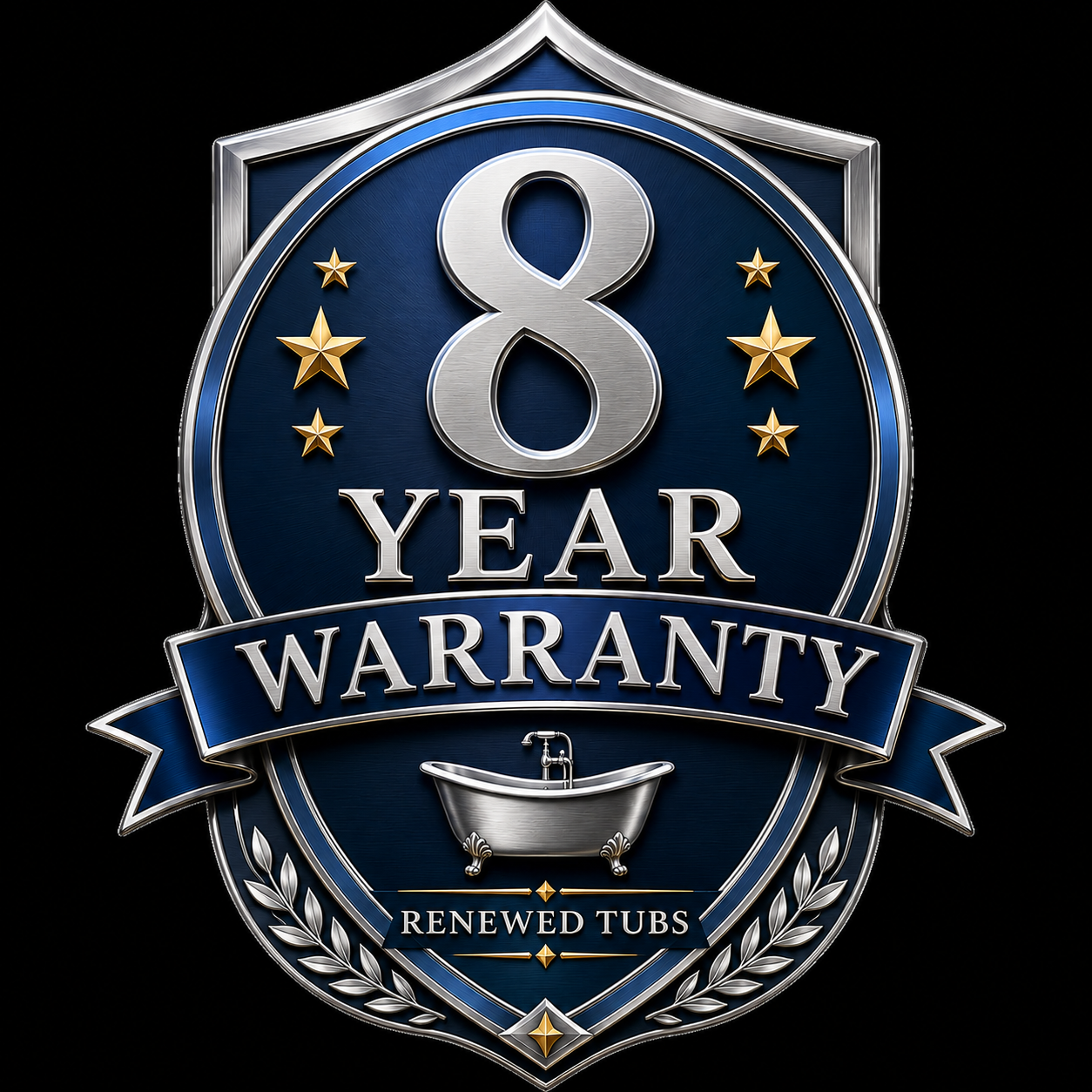 Renewed Tubs 8-year warranty badge for bathtub refinishing in Calgary