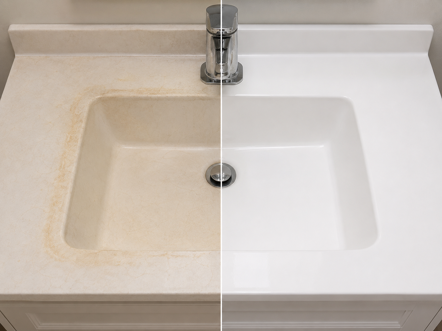 Double bathroom sink reglazing before and after in Calgary by Renewed Tubs