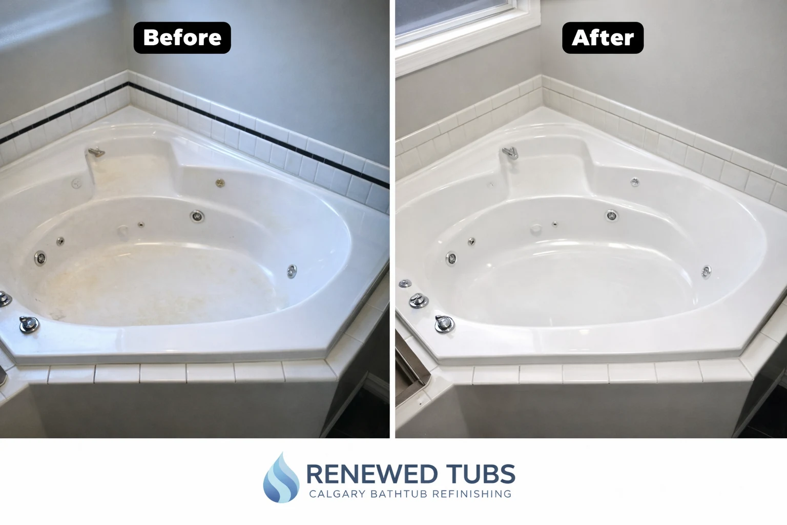 Before and after bathtub repair and refinishing in Calgary