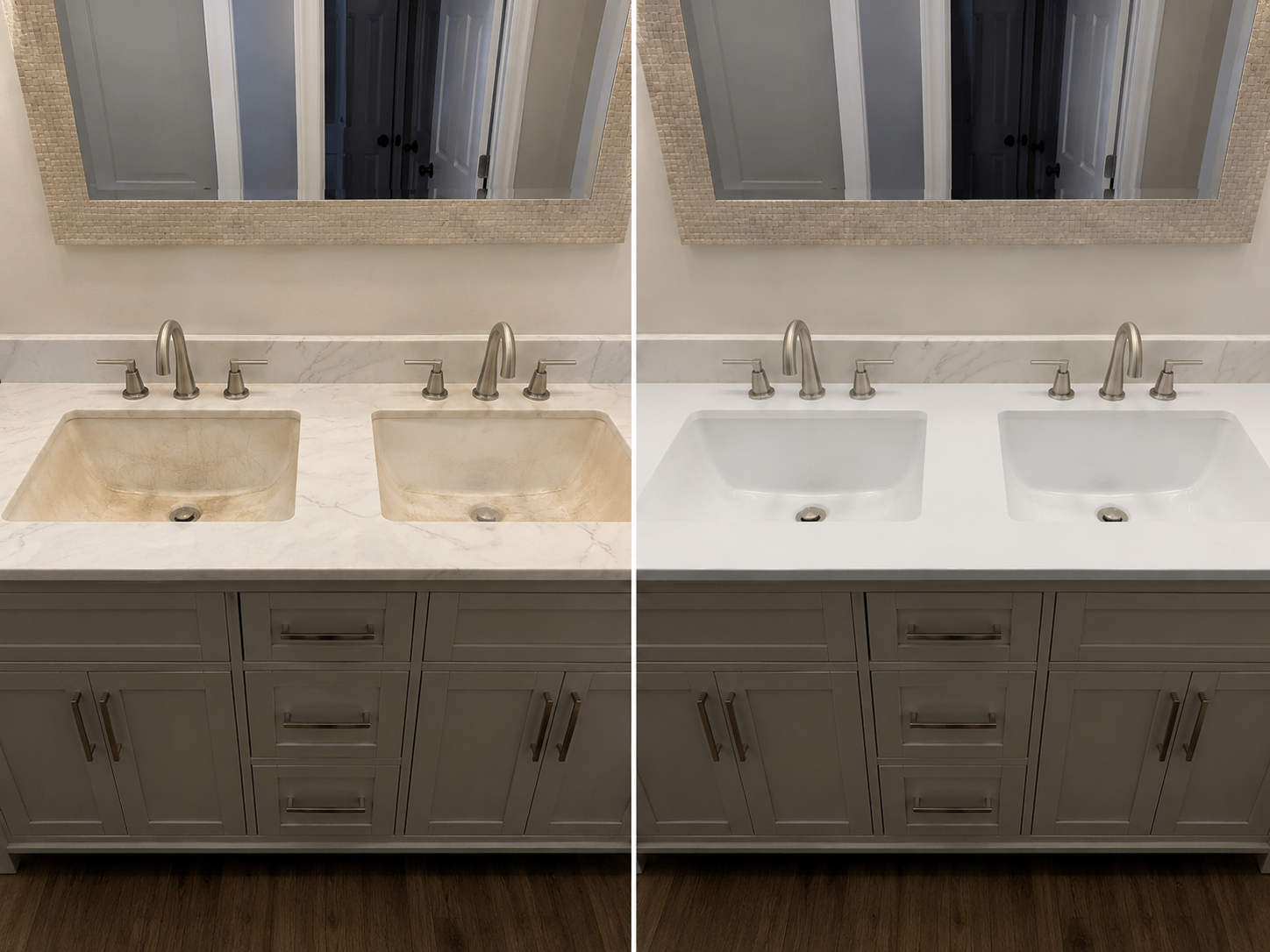 Sink reglazing Calgary before and after white bathroom sink restoration